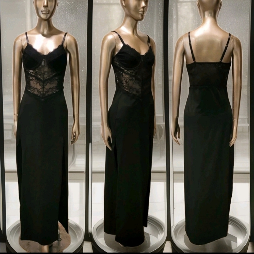 NWT Black Backless Split Thigh Bustier Corset Lace Cami Dress Sz L
